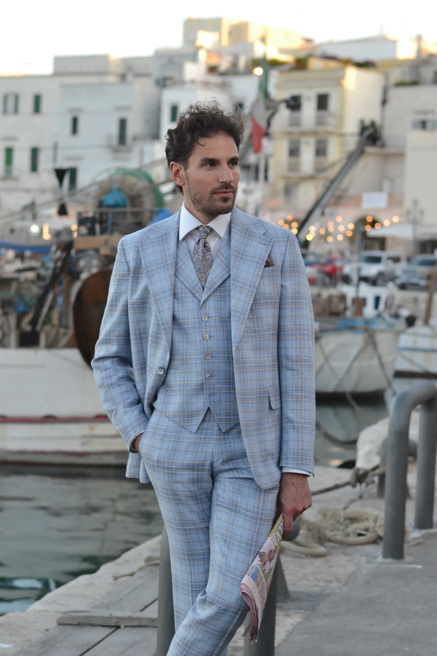 garnitur_Scabal_krata_błękit_beż_szyty_na_miarę_André_Grand